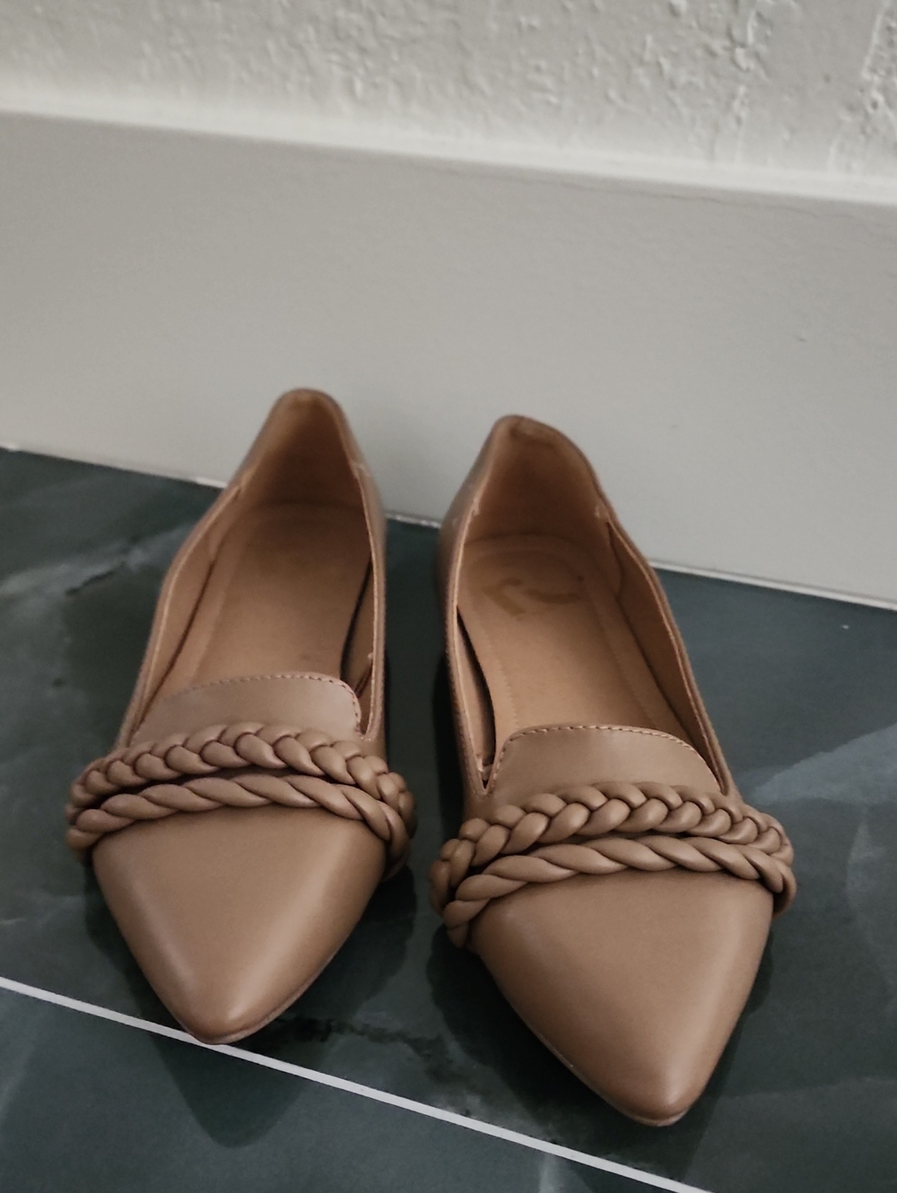 Report Tan Braided-Trim Pointed Flats